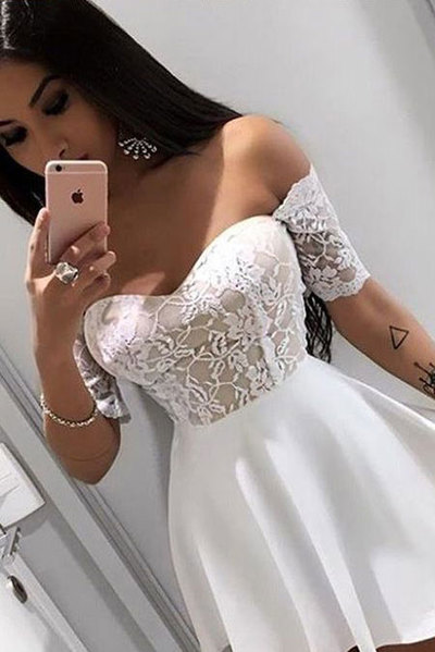 White Short Junior Homecoming Dresses with Lace