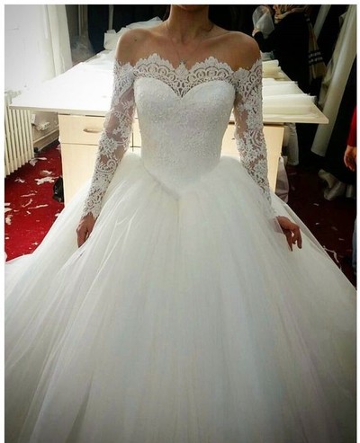 Off Shoulder Long Sleeves Lace Wedding Dress,Lace Bridal Dress,Classic Long Sleeves Lace Wedding Gown