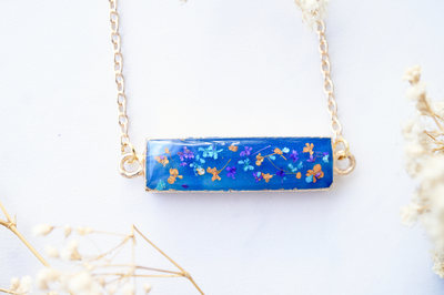 Real Dried Flowers and Resin Necklace, Blue Bar Geode in Purple Blue Orange and Gold