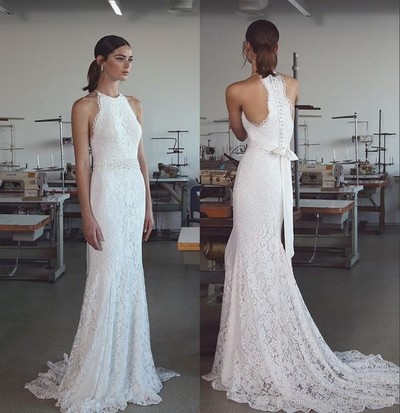 High Quality French Lace Wedding Dress,Slim Halter Neckline Bridal Dress