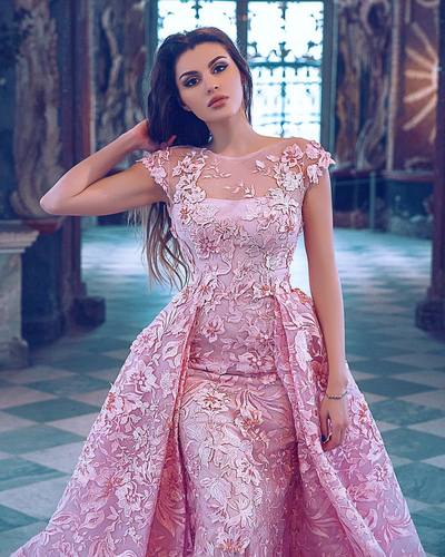 Detachable Skirt Evening Dresses Elegant Cap Sleeves Pink Long Lace Appliques Beaded Mermaid Evening Prom Dress E333