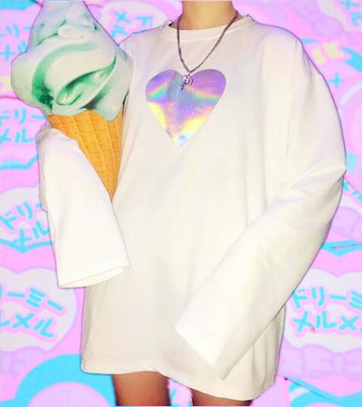 Harajuku Hologram Heart Long Sleeve T-shirt