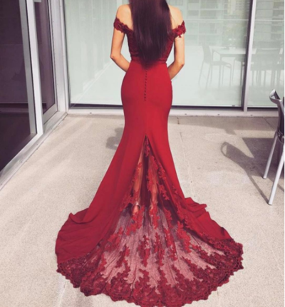 Mermaid Burgundy Prom Dress,Burgundy Lace Evening Dress,Sexy Off Shoulder Sleeves Bridesmaid Dress