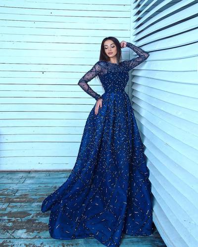 Luxury Heavy Beading Crystal Sequins Evening Dress Elegant A-line Long Sleeves Sparkly Long Prom Party Dresses E337