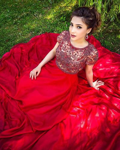 Beaded Prom Dresses Luxury Heavy Beaded Crystal Pearls Short Sleeves A-line Long Chiffon Red Evening Prom Dress E342