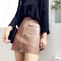 Chic PU Pockets Zipper Up Mini Skirt - Thumbnail 1