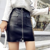 Chic PU Pockets Zipper Up Mini Skirt - Thumbnail 3
