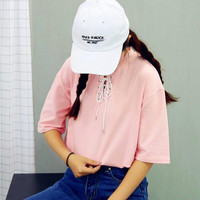 Vintage Lace up T-shirt - Thumbnail 3