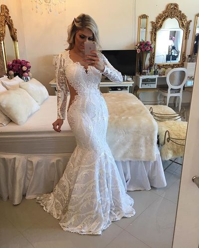 Elegant V-neck Long Sleeves Lace Appliques Beaded Mermaid Prom Evening Plus Size E354