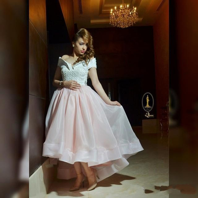 High Low Prom Dress Charming Ball Gown Off-shoulder White And Pink Pearls Short Prom Party Dresses E373