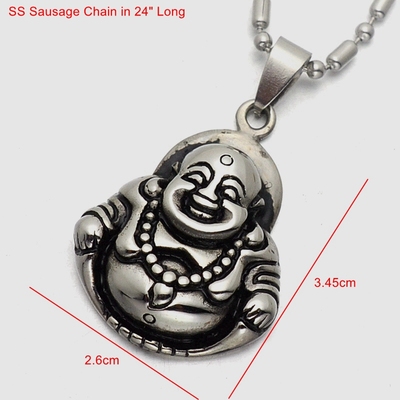 Silver Tone Black Enamel Stainless Steel Laughing Smiling Buddha Pendant w S/S 60CM Chain