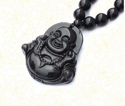 Natural Black Bian Stone Carved Lucky Laughing Buddha Pendant Beads Necklace Massager