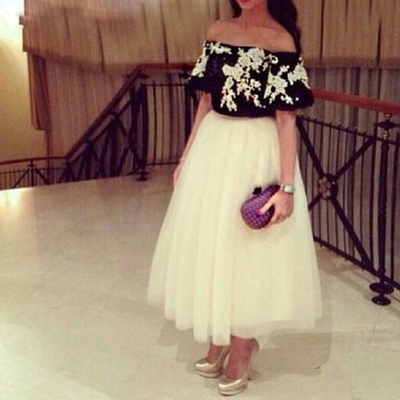 Two Piece Prom Dress Simple A-line Off-shoulder Short Sleeves Lace Appliques Prom Party Dresses E389