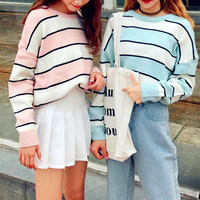 Pastel Pink / Blue Striped Knitted Sweater - Thumbnail 1