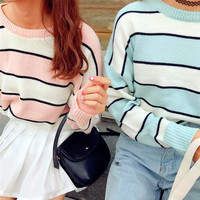 Pastel Pink / Blue Striped Knitted Sweater - Thumbnail 2