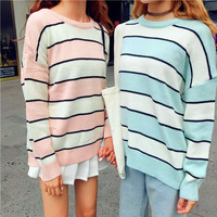 Pastel Pink / Blue Striped Knitted Sweater - Thumbnail 3