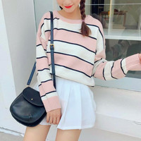 Pastel Pink / Blue Striped Knitted Sweater - Thumbnail 4