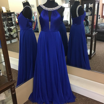 Navy Blue A-line O-neck Backless Chiffon Beaded Crystal Sequins Long Prom Party Dresses Evening Dress E420