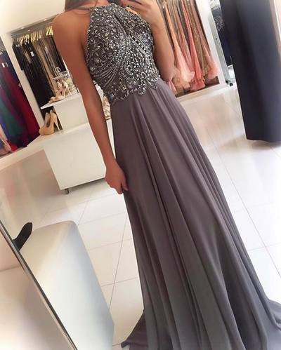 Sexy A-line Halter Backless Chiffon Long Beading Crystal Sequins Prom Party Dresses Plus Size Evening Dress E421