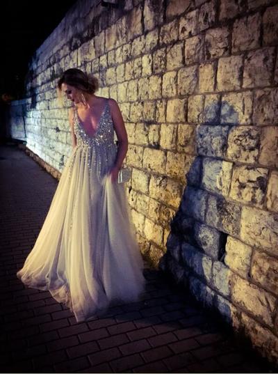 Sexy Backless Deep V-neck Sequins Beaded Crystal Prom Dresses Long Sparkly Prom Party Evening Dress P85