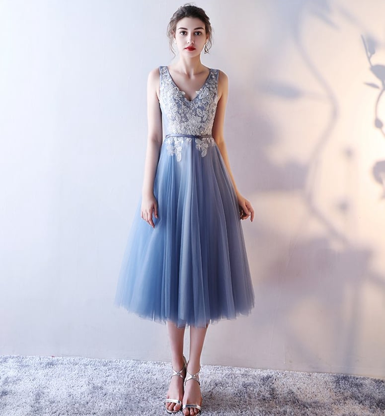 Cute blue v neck lace short prom dress, homecoming dresses