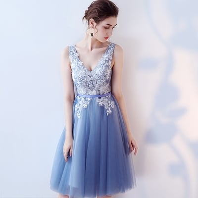 Cute blue v neck lace knee length prom dress,  homecoming dresses - Thumbnail 5