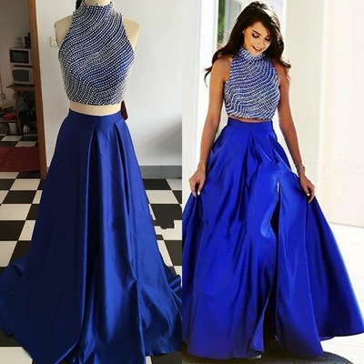 Royal Blue Prom Dress,Two Piece Party Dress,Slit Evening Dress