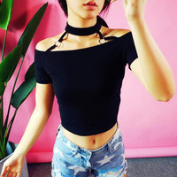 Sexy Choker Off Shoulder Crop Top - Thumbnail 2