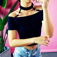 Sexy Choker Off Shoulder Crop Top - Thumbnail 3
