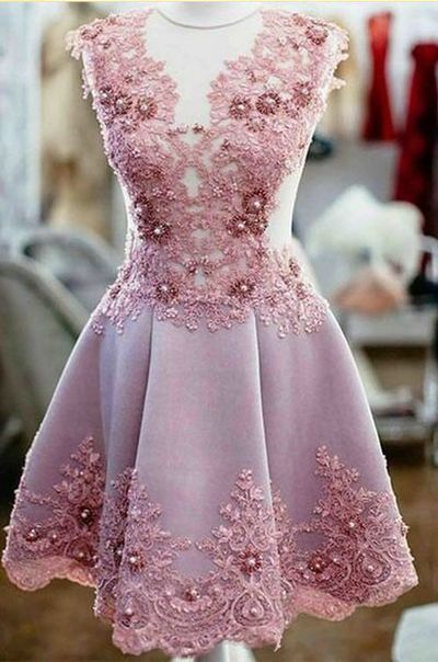 Elegant O-neck A-line Short Lace Appliques Beaded Homecoming Prom Party Dress HD17