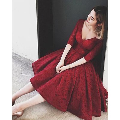 Red homecoming dress, lace homecoming dress, half sleeves homecoming dress, short homecoming dress, pretty homecoming dress, PD15304