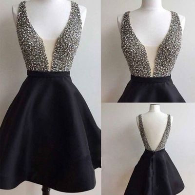 Sparkly A-line V-neck Black Beaded Crystal Sequins Homecoming Dress Prom Party Birthday Women Dress HD31