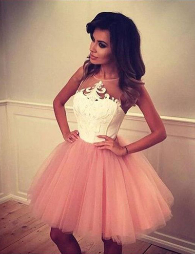 White And Pink Homecoming Dress Simple O-neck A-line Appliques Knee Length Short Party Dress HD32