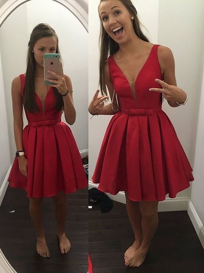 New Arrival A-line V-neck Red Satin Knee Length Short Party Dress With Bow Homecoming Dress HD40