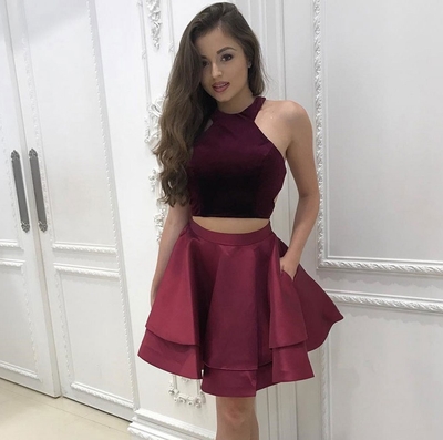 Cute burgundy two pieces short prom dress, burgundy homecoming dress