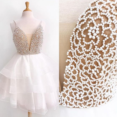 White homecoming dress, beaded homecoming dress, v neck homecoming dress, short homecoming dress, occasion dress, party dress, PD15447