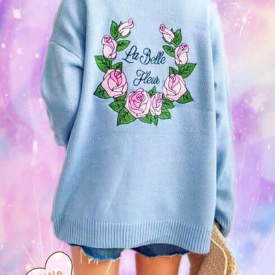 Pink rose embroidery knit cardigan - Thumbnail 5