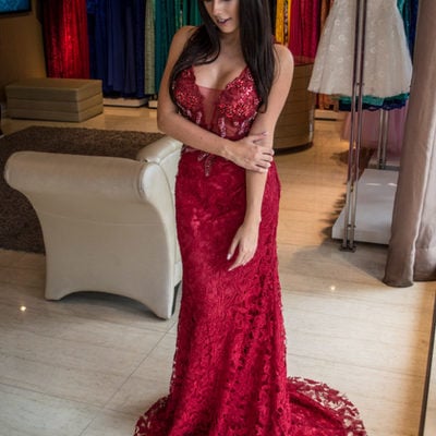 Dark red lace mermaid prom dress with lace up - Thumbnail 5