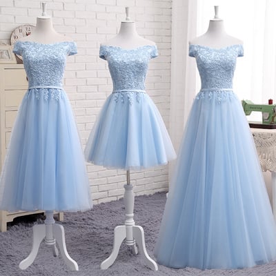 charming a line blue lace off shoulder prom dress, homecoming  dresses - Thumbnail 2