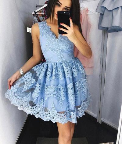 Stylish V neck blue lace short prom dress, blue lace homecoming dress