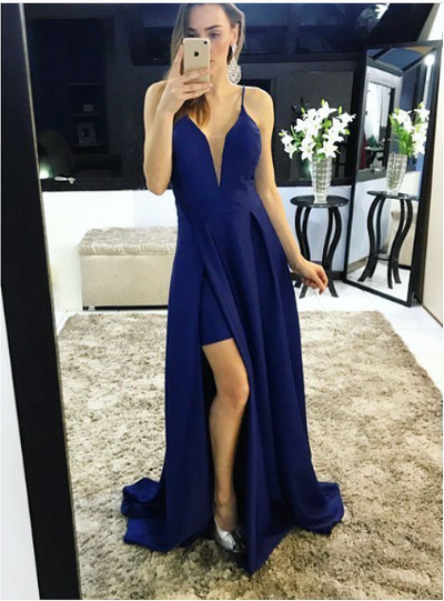 Simple dark blue A-line deep v neck long prom dress, blue evening dress