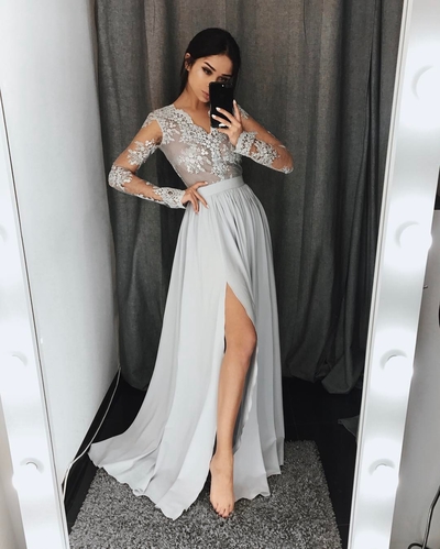Gray lace A-Line long sleeve prom dress,gray evening dresses