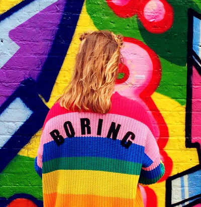 BORING Heart Embroidered Rainbow Knit Cardigan