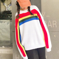 O-neck Loose Rainbow Stripe Sweater - Thumbnail 1