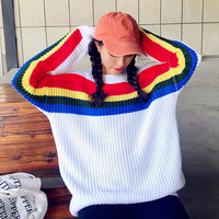 O-neck Loose Rainbow Stripe Sweater - Thumbnail 2