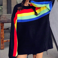 O-neck Loose Rainbow Stripe Sweater - Thumbnail 3