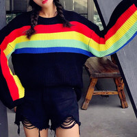 O-neck Loose Rainbow Stripe Sweater - Thumbnail 4