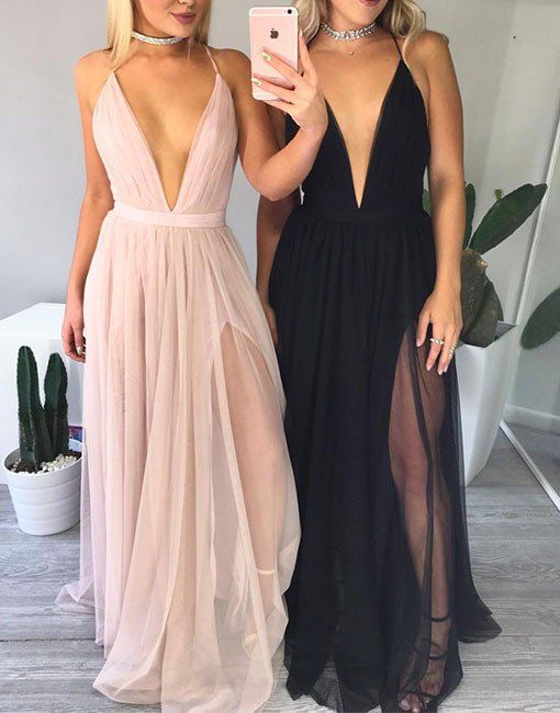 Simple A-line deep v neck long prom dress, evening dress