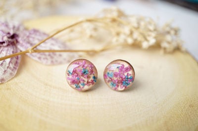 Real Dried Flowers and Resin on Wood Stud Earrings in Pink and Blue