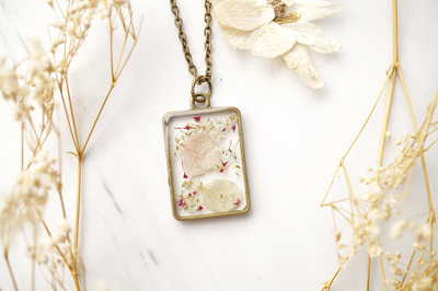 Real Dried Flowers in Resin Necklace, Bronze Rectangle in Pink White Mint Mix